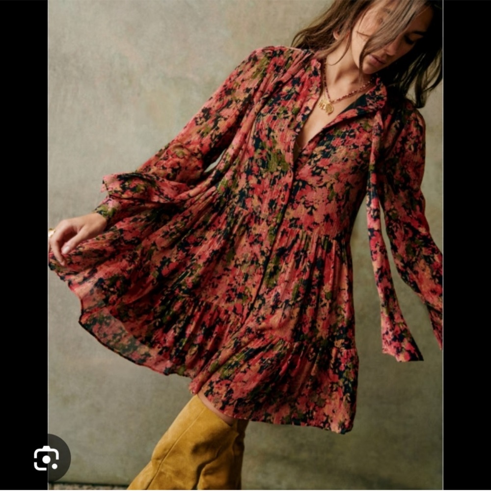 Sezane Floral Long Sleeve Mini Dress in Rust Pink and Olive